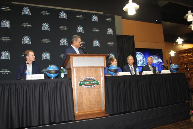 From left, Orlando Magic Director of Basketball Operations Jeff Weltman, CEO Alex Martins, County Commissioner Viviana Janer, Osceola Heritage Park GM Robb Larson and Osceola County Manager Don Fisher were part of Tuesday's welcoming press conference for the Osceola Magic. PHOTO/KEN JACKSON