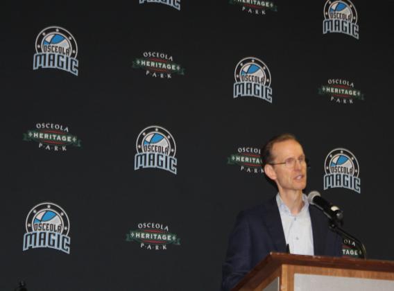 Orlando Magic Director of Basketball Operations Jeff Weltman speaks during Tuesday's press conference at Osceola Heritage Park. PHOTO/KEN JACKSON