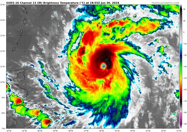 Hurricane Beryl is now a powerful Category 4 hurricane east of Barbados and St. Vincent, where it should bring powerful winds and waves to on Monday. IMAGE/TROPICAL TIDBITS