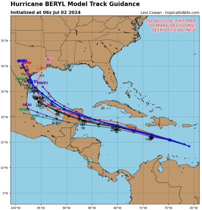 Hurricane computer models are in tight agreement that Beryl will track very close to Jamaica Wednesday, hit the Yucatan Peninsula Friday as a weakening storm, then enter the Gulf of Mexico. GRAPHIC/TROPICAL TIDBITS